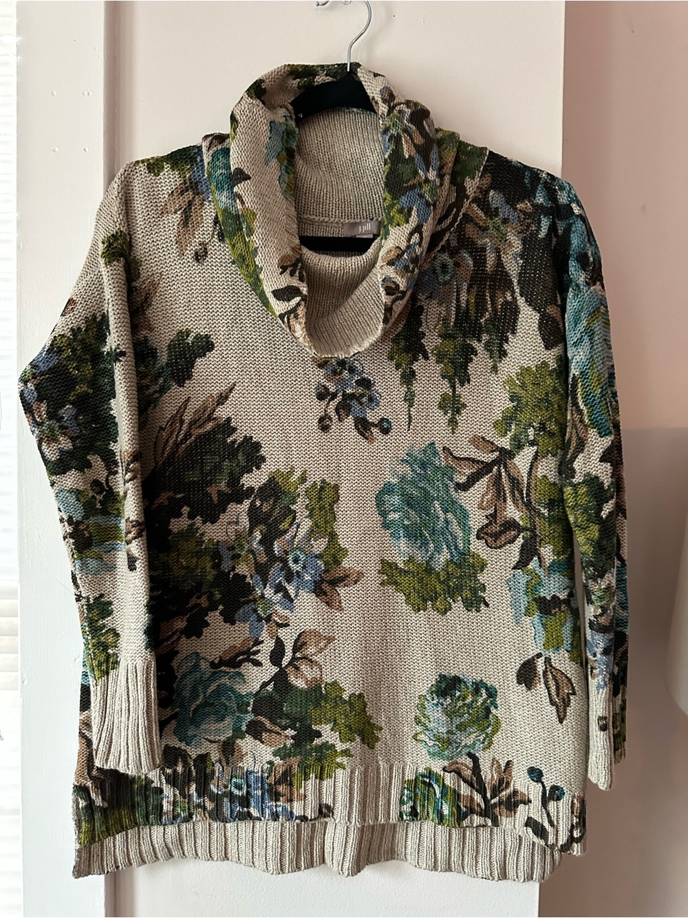 J. Jill Floral Print Cable Knit Cowl Neck Sweater Sz XS-P